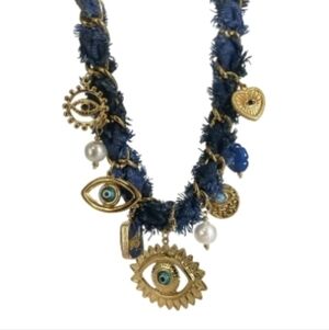 New Evil Eye Gold and Blue Denim Jean Charm Necklace